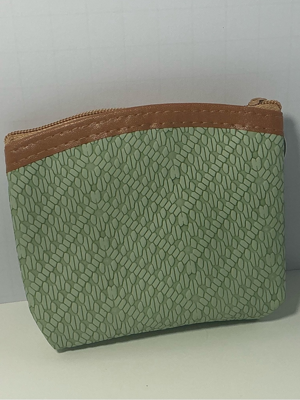 Green Patterned Zip Pouch with Tan Trim